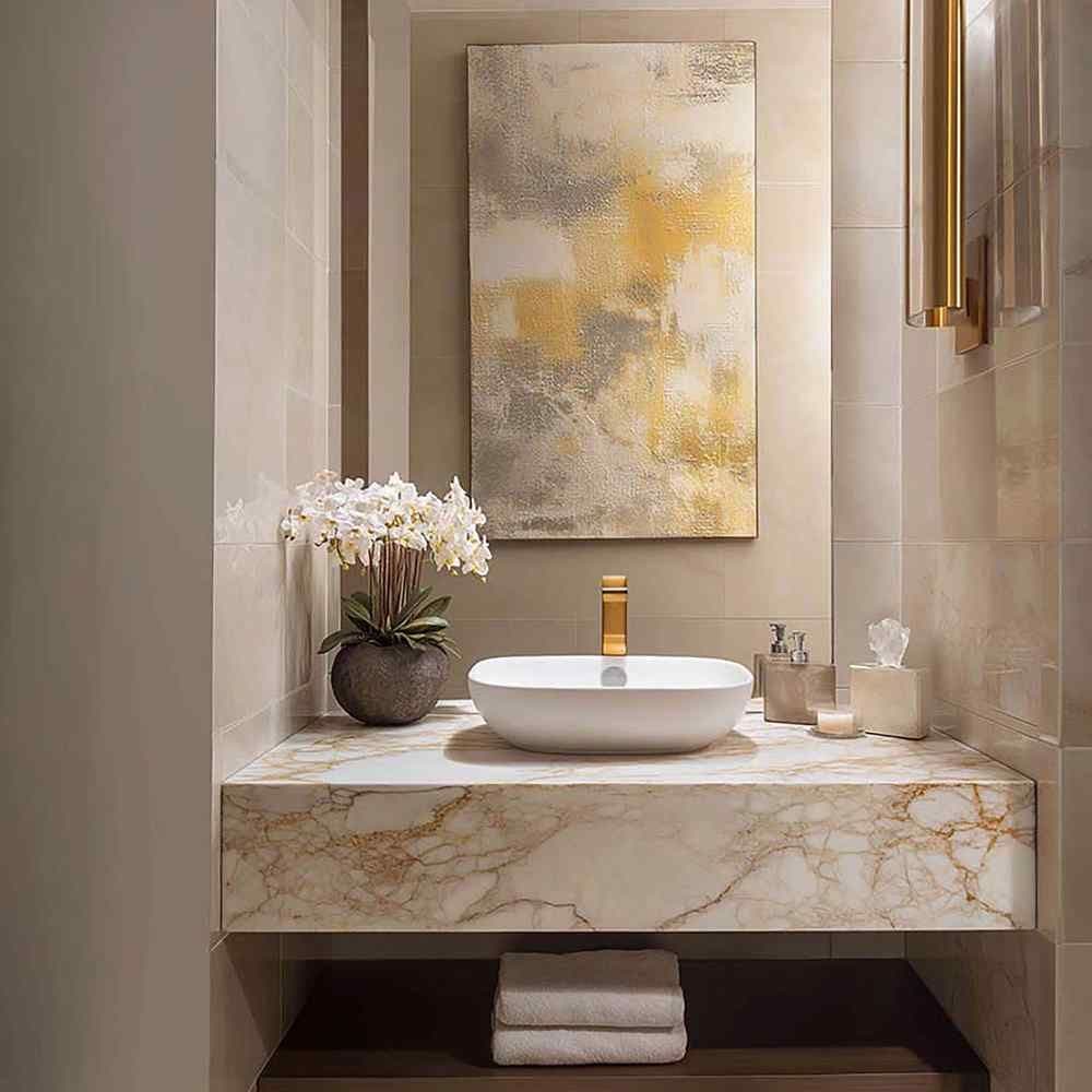 Modern bathroom vanity with a vertical wall art piece above a vessel sink, marble countertop, and orchid arrangement.