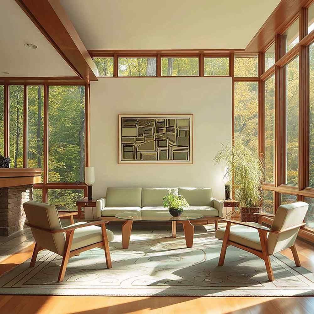 Sunlit living room with a framed wall artwork above a sofa, surrounded by wood-framed floor-to-ceiling windows.